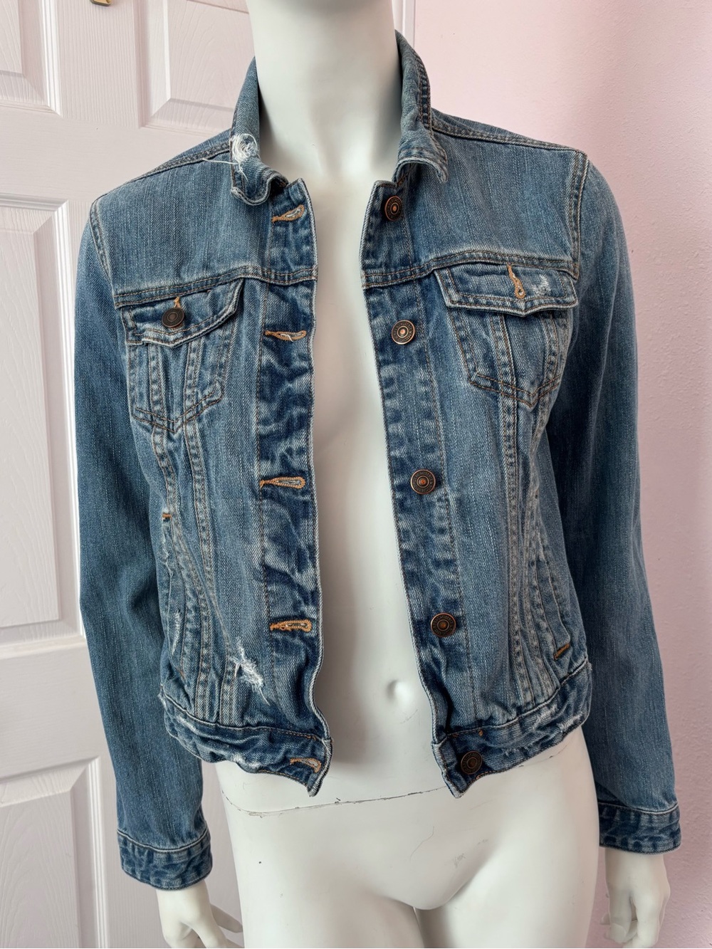 Abercrombie & Fitch Distressed Denim Jacket Medium Wash Blue Jean Size Large L
